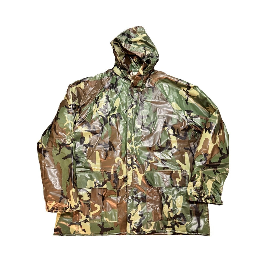 Duck Bay‎ Mens Camo Rain Jacket PVC Quilted Lined Hunting Coat Large Woodland
